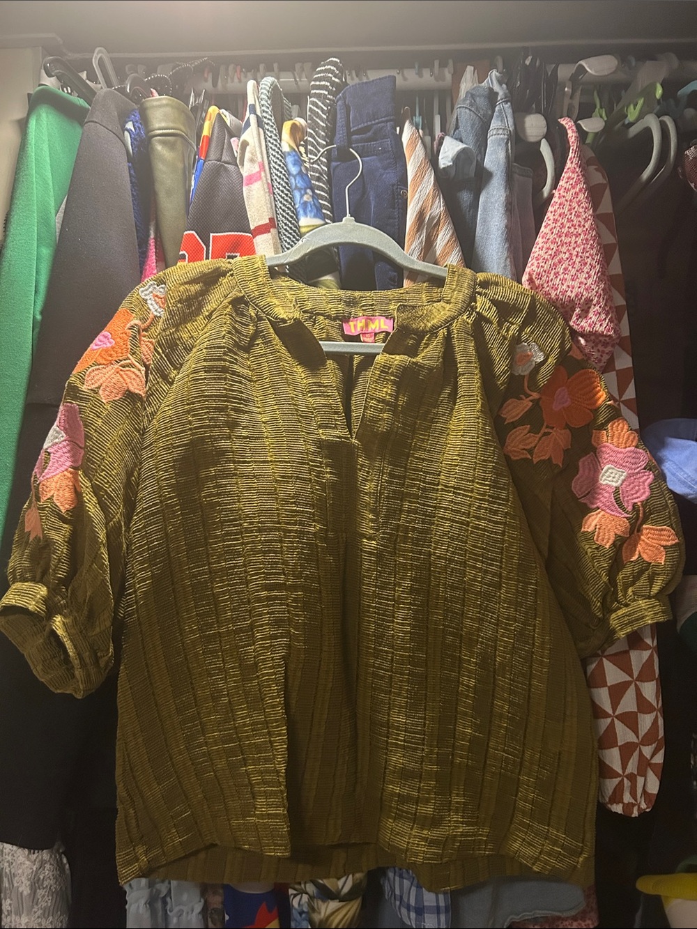 THML Olive Green Embroidered Puff-Sleeve Top